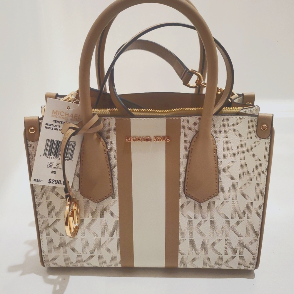 NWT Michael Kors Center Stripe Camel Maple Small Satchel
